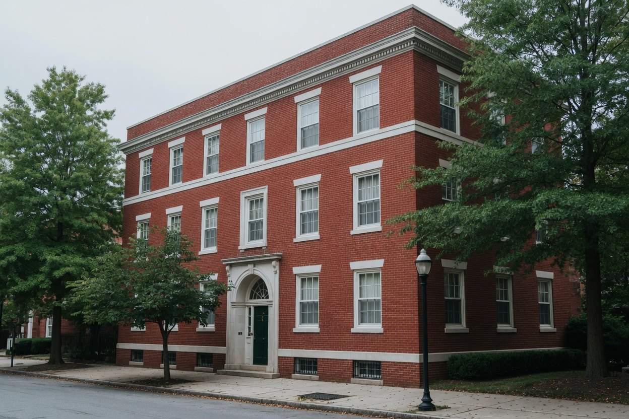 Brick apartment building on a tree-lined Bethesda street.