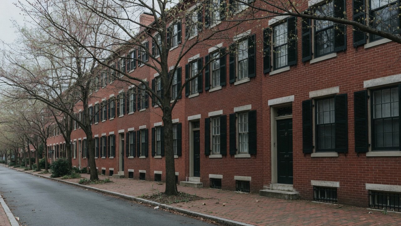 Brick townhouses with black shutters along a tree-lined street.